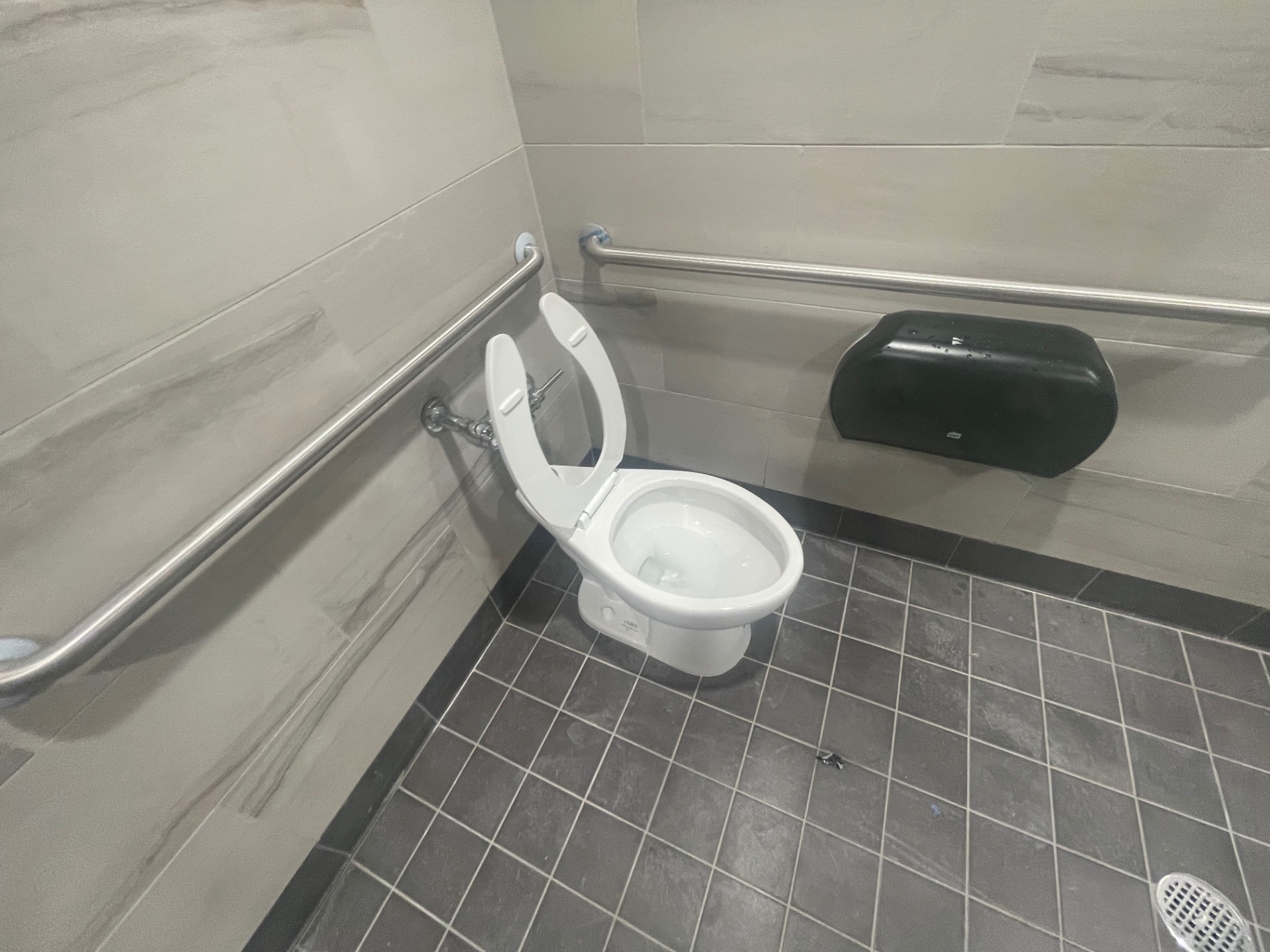 Cleaned restroom fixture, grab bars and tile wall detail