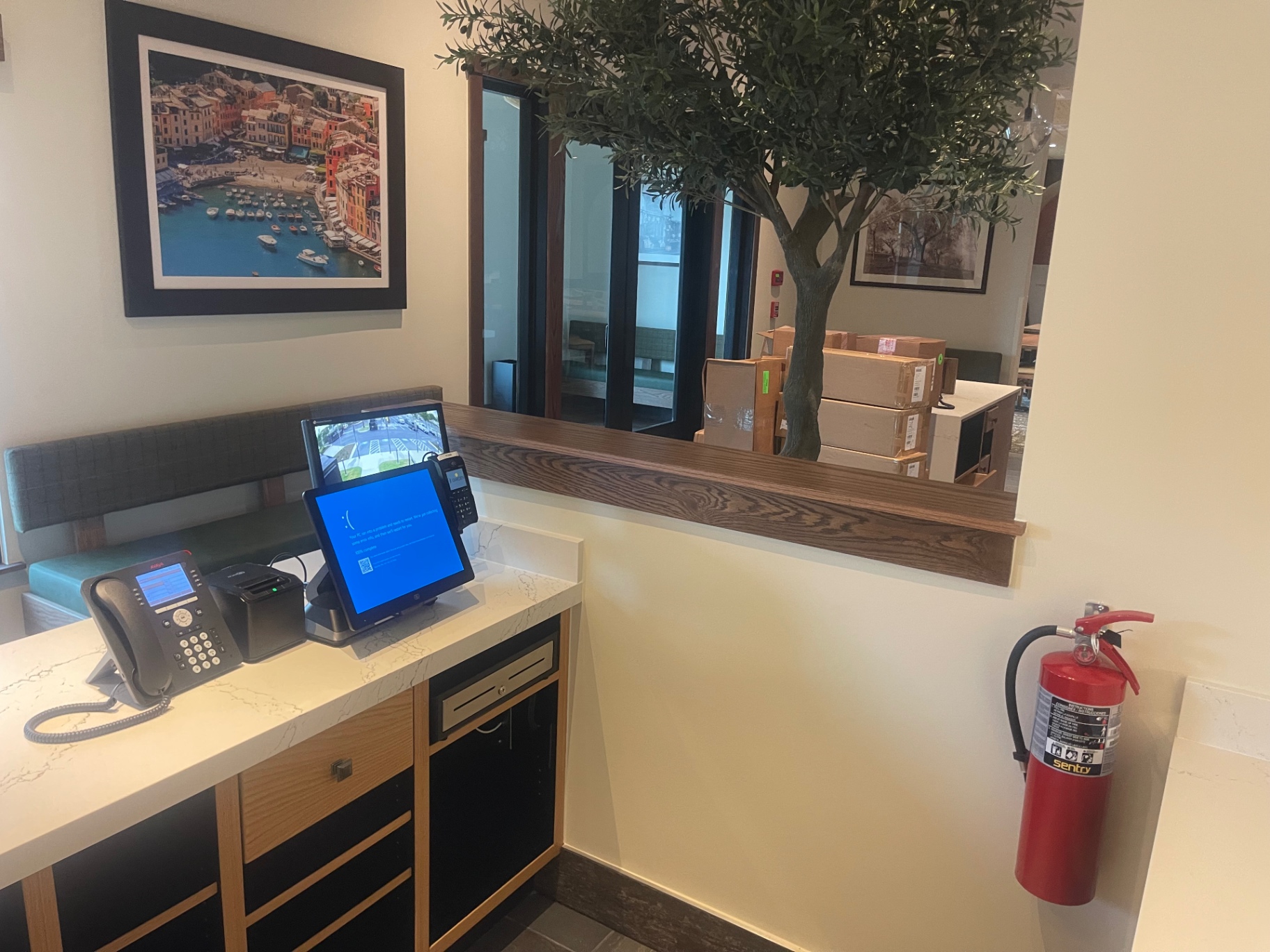 Cleaned host station counter with point-of-sale equipment