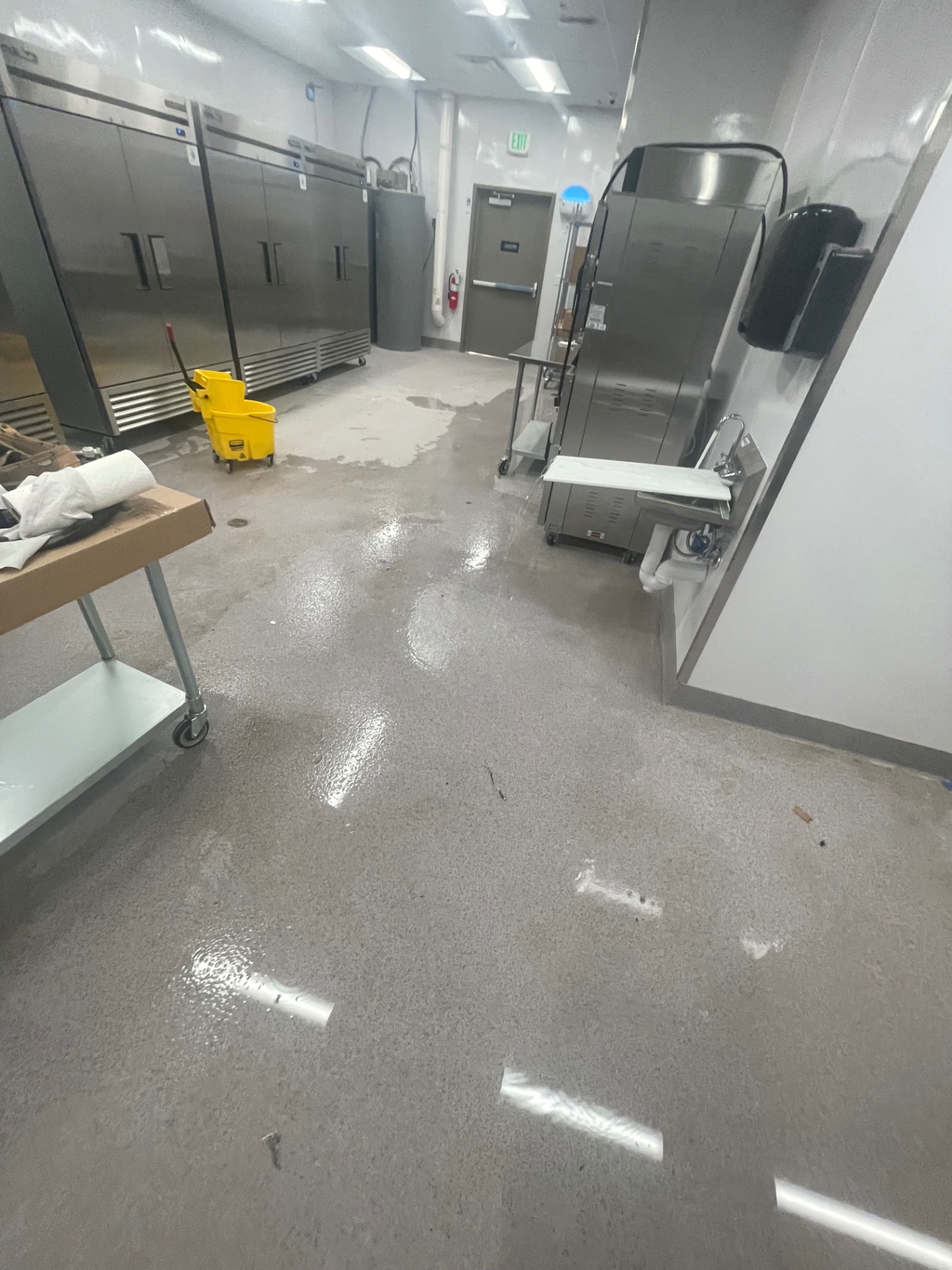 Back-of-house floor during wet scrubbing beside stainless refrigeration