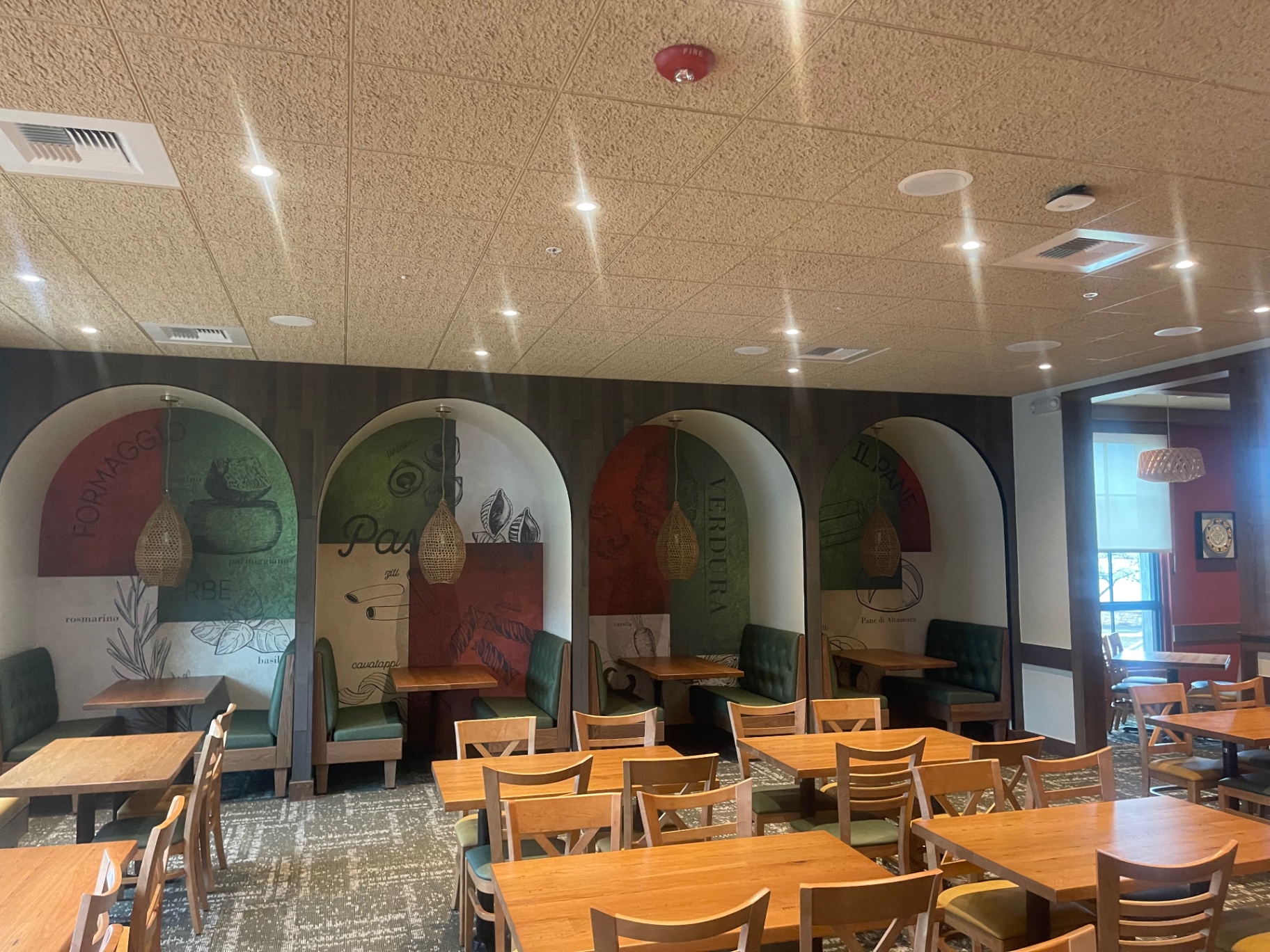 Cleaned booth alcoves and mural wall in the dining room